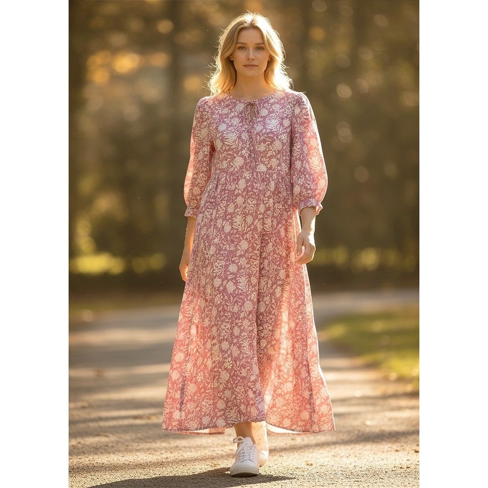 Maxi‎ Dress Womens Medium Pink Botanical Print Billowy Puff Sleeve Cottagecore
